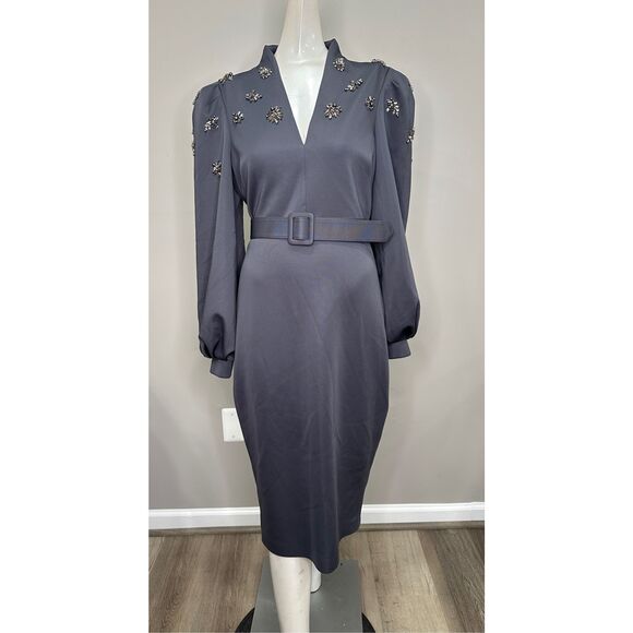 NWT BADGLEY MISCHKA Scuba Belted Sheath with Brooches Size US8 $550 - Picture 3 of 8